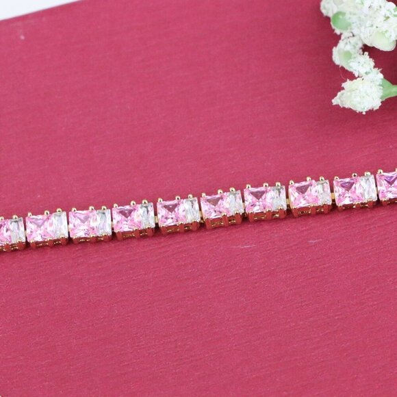"Rose Gold Tennis Bracelet with Pink Square CZ Stones, Elegant Design, XPBL0740 - Picture 12 of 12